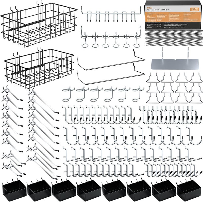 INCLY 238PCS Pegboard Accessories Organizer Kit, Peg Board Hooks Assortment with Peg Bins, Baskets, Paper Towel Holder for 1/8 and 1/4 inch Pegboard Hanging Tools, Garage Wall Storage Attachments - Image 1